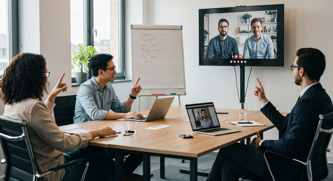 Hybrid Business Team Meeting in Contemporary Conference Room with Digital Collaboration Tools - Powered by Adobe