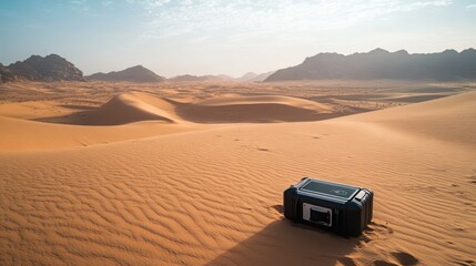 A dark, rectangular box sits on a sandy dune, in the midst of a vast desert landscape.  Mountains rise in the distance under a pale blue sky