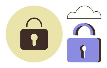 Lock icons illustrating security and privacy concepts. Cloud element emphasizes online protection. Ideal for cybersecurity, online storage, data safety, privacy policy, encryption, networks, simple