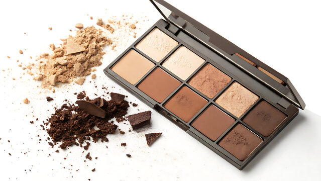 A neutral eyeshadow palette featuring brown and beige tones is arranged with chocolate and loose powder isolated on white background
