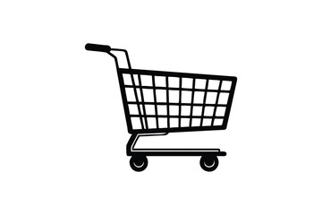 A simple black outline drawing of a shopping cart presented as a clean silhouette on a white background perfect for retail and e commerce concepts silhouette