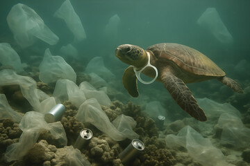 Obraz premium Sea Turtle Swimming in Polluted Ocean Water Filled with Plastic Debris