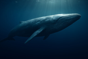 Fototapeta premium A Blue Whale Swimming in the Clear Blue Ocean with Sun RaysA Blue Whale Swimming in the Clear Blue Ocean with Sun Rays