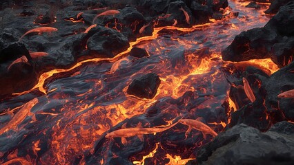 Fiery molten lava flowing over dark volcanic rocks at night