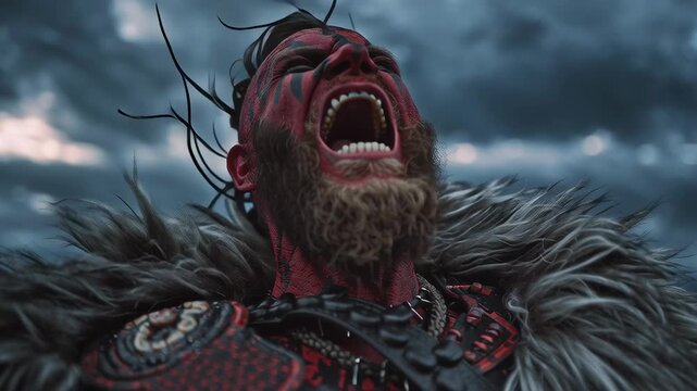 Fierce Warrior with Tribal Face Paint Roaring