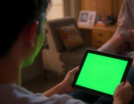 Man holding a tablet with a green screen in a living room with furniture and a person in the background