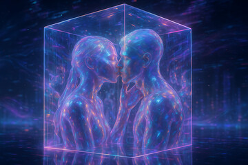 Digital humanoid couple in love inside glowing cube, futuristic neon lovers kiss in surreal cyber world, romantic connection in virtual reality, AI emotion simulation concept, fantasy science backdrop