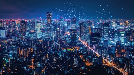 Obraz premium At night, the city skyline is illuminated by glowing data lines flowing between buildings, symbolizing digital connectivity and urban technology.