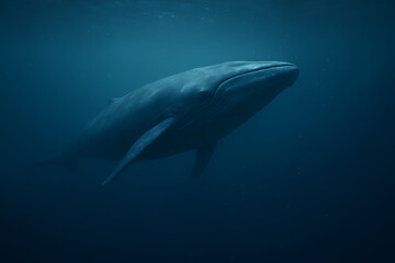 Solitary Blue Whale Swimming in the Overwhelming Darkness of the Ocean
