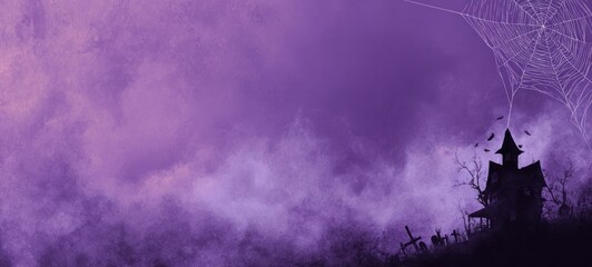 Halloween haunted house with purple spooky background.
