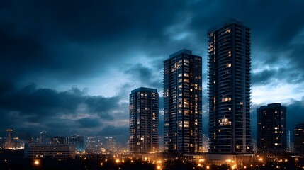 Naklejka premium Illuminated highrise apartments in a growing city skyline at night