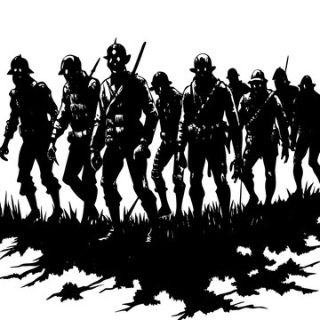 A menacing horde of zombie soldiers marches forward in the darkness