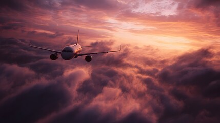 Airplane silhouette soaring above dramatic sunset clouds