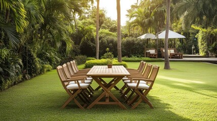 Obraz premium Outdoor teak dining set on lawn, tropical garden background