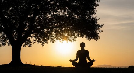 Silhouette of a woman meditating under a tree at sunset promoting peace and mindfulness in nature