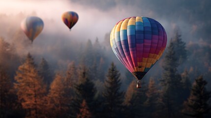 Fototapeta premium Colorful hot air balloons soaring over a serene countryside landscape