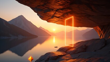 Dreamy sunset mountain lake with glowing portal and pyramid landscape background