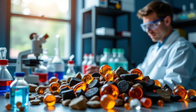 Create an image depicting a scientist conducting experiments in a laboratory with colorful chemicals and glassware