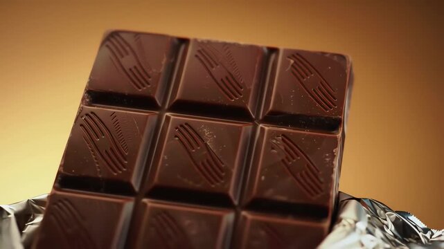 Close-up of a chocolate bar with intricate designs on its surface, set against a warm gradient background