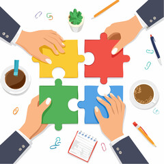 Dynamic teamwork concept with coordinated puzzle assembly, suitable for leadership workshops, HR brochures, and branding for collaborative projects
