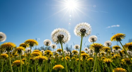 Naklejka premium Bright Sunny Sky Behind Dandelions Seen from a Low Angle