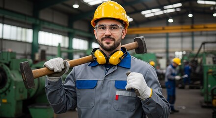 Confident Factory Worker with Sledgehammer, Protective Gear, and Industrial Backdrop