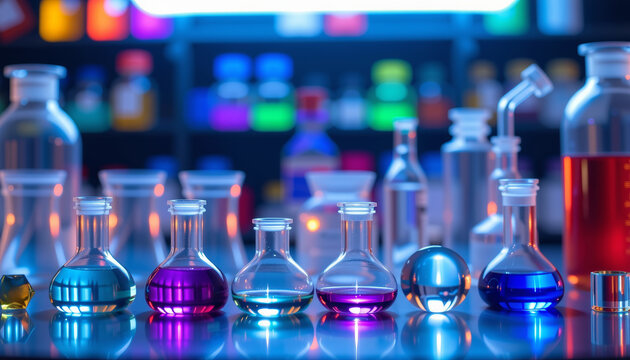 Showcase a collection of rare laboratory glassware science lab photographic display colorful environment close-up view chemistry concepts