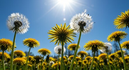 Naklejka premium Bright Sunny Sky Behind Dandelions Seen from a Low Angle