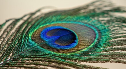 Fototapeta premium Close-up showcase of the iridescent details and vibrant color play of a peacock feather