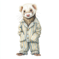Ferret in pajama looks adorable and cozy in watercolor illustration style