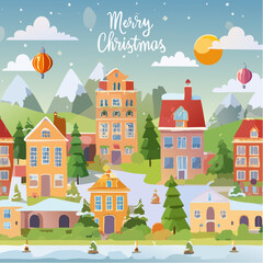 Magical yuletide town scene for editorial layouts, social media campaigns, and retail holiday displays emphasizing warmth and community
