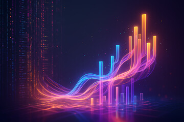 Futuristic neon glowing data visualization with ascending bar charts and fluid light wave analytics, concept of digital growth, economic forecast, financial performance trends, abstract technology bac