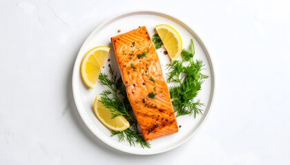 Fresh cooked salmon fillet with lemon and herbs on white plate healthy seafood dish high quality presentation on clean white background
