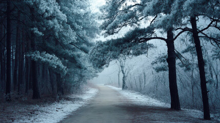 Obraz premium solitary path winds through tranquil winter forest surrounded by towering trees and soft snowflakes