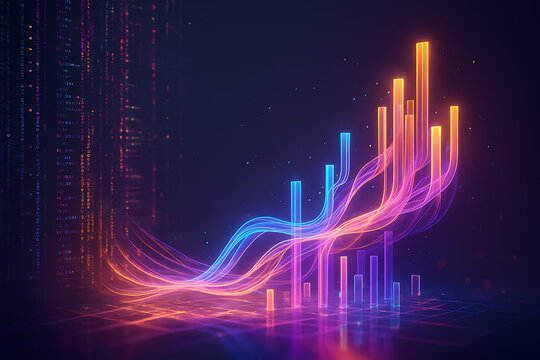 Futuristic neon glowing data visualization with ascending bar charts and fluid light wave analytics, concept of digital growth, economic forecast, financial performance trends, abstract technology bac