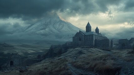 Mountain Monastery in a Misty Landscape