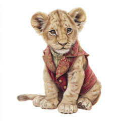 Obraz premium Cute lion cub in jacket looks hopeful and charming with curious expression