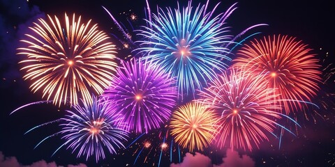 Naklejka premium Colorful fireworks bursting in the night sky, vibrant celebration background with glowing sparks and radiant light – AI-Generated