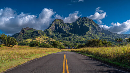 Fototapeta premium Scenic road leading to lush green mountains under a dramatic cloudy sky