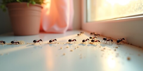 A line of ants carrying crumbs on a windowsill near a potted plant