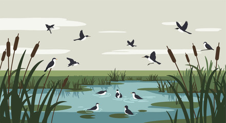 Aquatic birds over a pond with reeds and cattails, against a cloudy sky