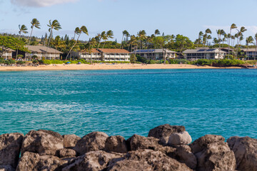 Sunny resort in Hawaii with golden sand, clear blue water under a bright sky