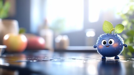 Cute blueberry character stands on a kitchen counter with fruit and plants