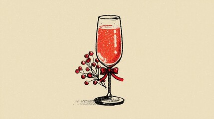 Festive Holiday Cocktail Illustration: Red Drink in Elegant Glass with Holly Berries and Bow