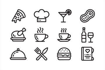 Cuisine and Dining Icons – Pizza, Coffee, Burger, Wine Vector