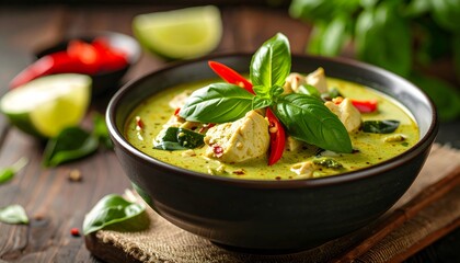 Delicious Thai green curry served in a black bowl garnished with fresh basil leaves and red chili peppers on a rustic wooden table with lime slices and vegetables in background