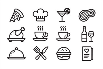 Restaurant Line Art Icons – Chef, Steak, Cutlery, Cocktail Symbols

