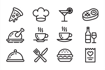 Food and Beverage Icons – Pizza, Coffee, Wine, Burger Vector Set
