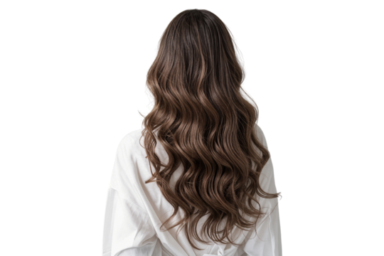 Rear view of a woman with long brunette hair with soft waves