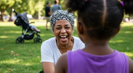Two generations of family sharing a moment of genuine laughter outdoors.